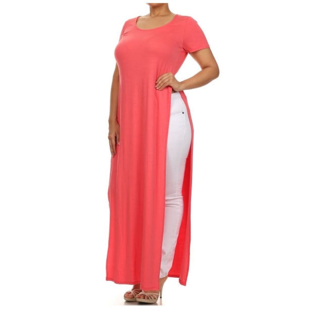 Plus Coral Side Slit Long Maxi T Shirt Tunic Top - Picture 3 of 5